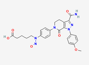 Two-dimensional chemical structure of 5-((4-(3-carbamoyl-1-(4-methoxy phenyl)-7-oxo-1,4,5,7-tetrahydro-6H-pyrazolo[3,4-c]pyridin-6-yl)phenyl) (nitroso) amino) pentanoic acid, CAS 3094994-84-7