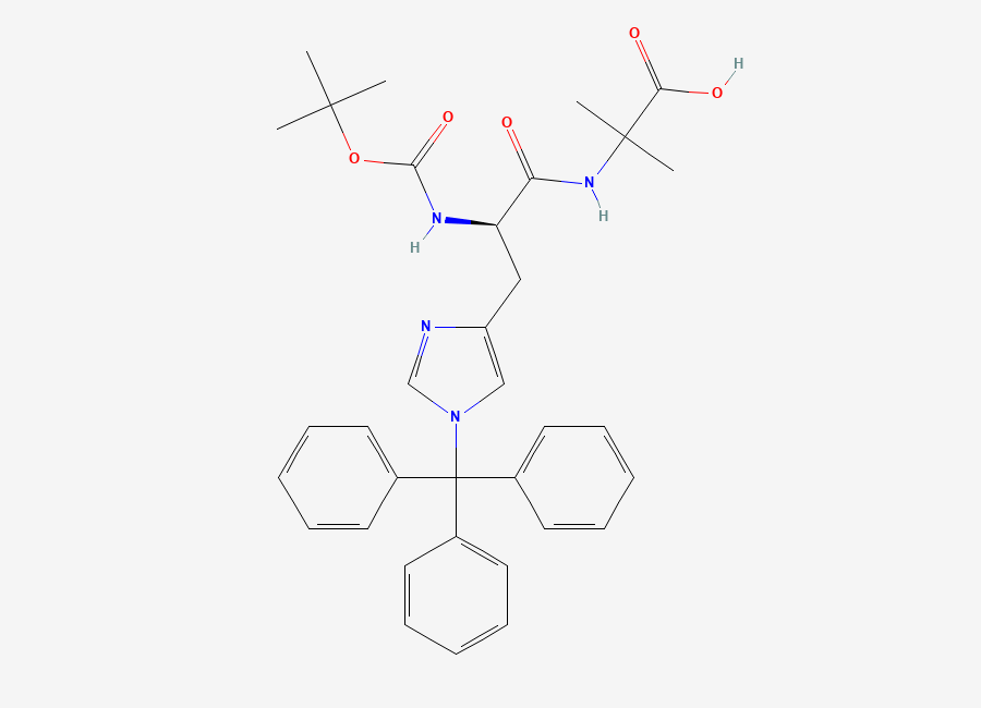 Two-dimensional chemical structure of (R)-2-(2-((tert-Butoxycarbonyl)amino)-3-(1-trityl-1H-imidazol-4-yl)propanamido)-2-methylpropanoic Acid
