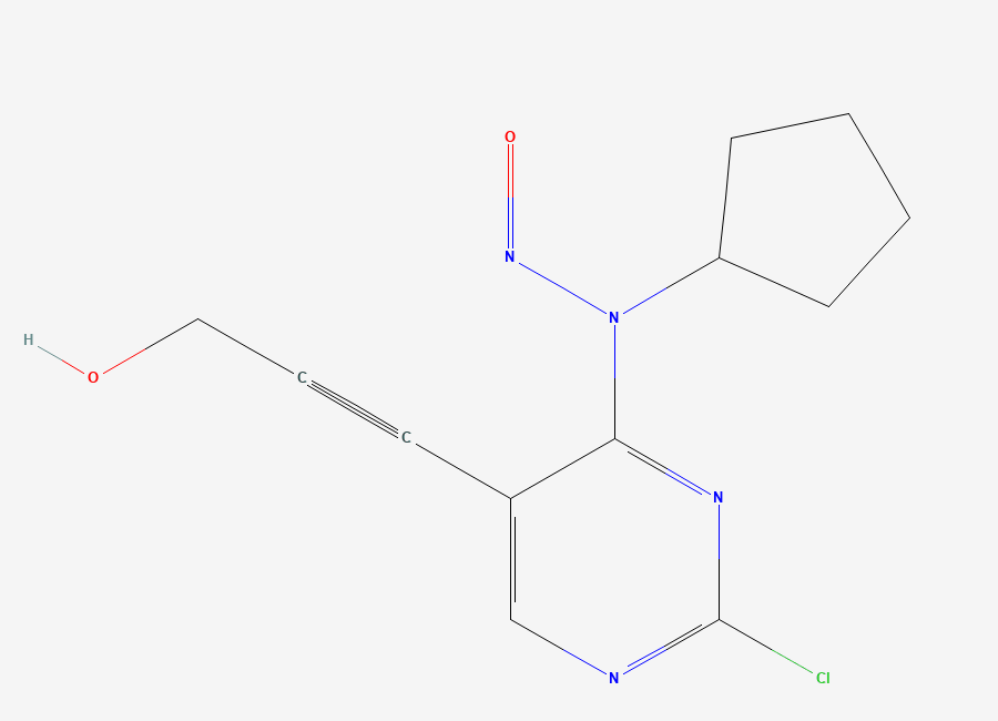 Two-dimensional chemical structure of N-(2-Chloro-5-(3-hydroxyprop-1-yn-1-yl)pyrimidin-4-yl)-N-cyclopentylnitrous Amide