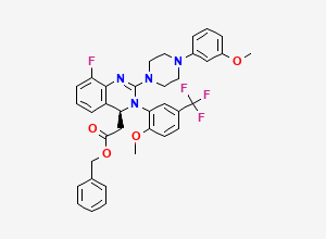 Two-dimensional chemical structure of Benzyl(S)-2-(8-fluoro-3-(2- methoxy-5- (trifluoromethyl)phenyl)-2- (4-(3-methoxy phenyl)piperazin-1-yl)-3,4- dihydro-quinazolin-4- yl)acetate, CAS 2758792-75-3