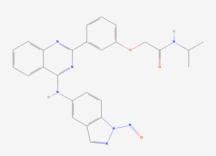 Two-dimensional chemical structure of N-Isopropyl-2-(3-(4-((1-nitroso-1H-indazol-5-yl)amino)quinazolin-2-yl)phenoxy)acetamide