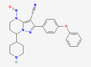 Two-dimensional chemical structure of 4-Nitroso-2-(4-phenoxyphenyl)-7-(piperidin-4-yl)-4,5,6,7-tetrahydropyrazolo[1,5-a]pyrimidine-3-carbonitrile