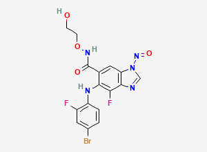 Two-dimensional chemical structure of 5-[(4-bromo-2-fluorophenyl)amino]-4-fluoro-N-(2-hydroxyethoxy)-1-nitroso-1H-benzimidazole-6-carboxamide