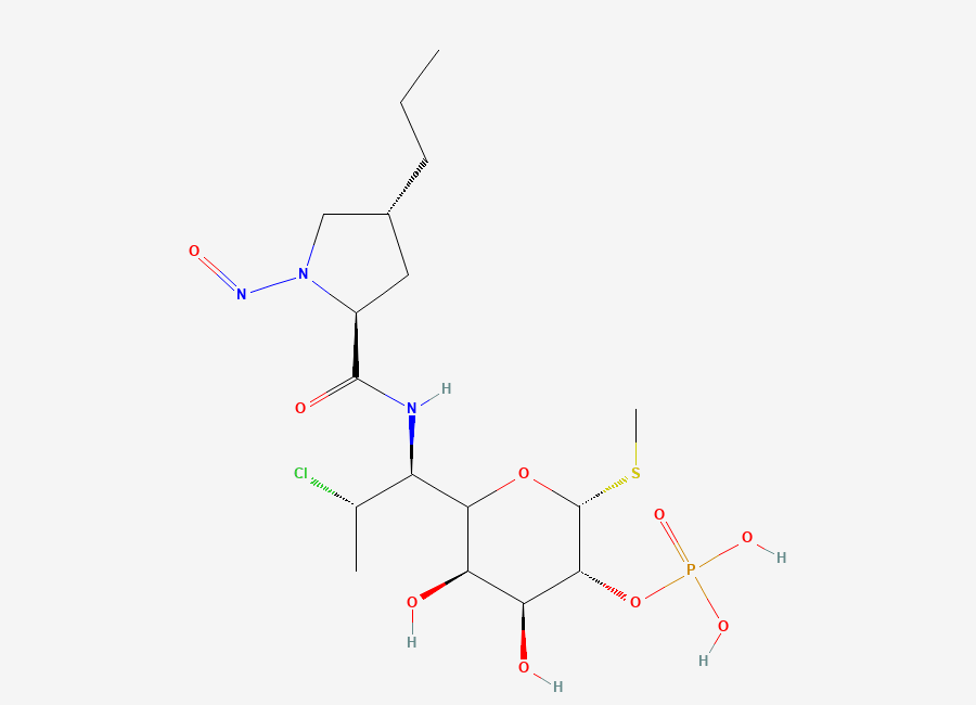 Two-dimensional chemical structure of (2R,3R,4S,5R)-6-((1S,2S)-2-chloro-1-((2S,4R)-1-nitroso-4-propylpyrrolidine-2-carboxamido)propyl)-4,5-dihydroxy-2-(methylthio)tetrahydro-2H-pyran-3-yl dihydrogen phosphate
