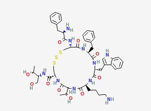 Two-dimensional chemical structure of Octreotide EP Impurity E/ / D-Phenylalanyl-S-sulfanyl-L-cysteinyl-L-phenylalanyl-D-tryptophyl-L-lysyl-L-threonyl-L-cysteinyl-L-threoninol cyclic (2 → 7)-trisulfide, CAS 1546983-27-0