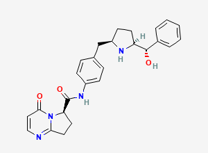 Two-dimensional chemical structure of (R)-N-(4-(((2R,5S)-5-((S)-hydroxy(phenyl)methyl)pyrrolidin-2-yl)methyl)phenyl)-4-oxo-4,6,7,8-tetrahydropyrrolo[1,2-a]pyrimidine-6-carboxamide