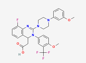 Two-dimensional chemical structure of (RS)-2-(8-fluoro-3-(4-methoxy-3-(trifluoromethyl) phenyl)-2-(4-(3-methoxyphenyl)piperazin-1-yl)-3,4- dihydroquinazolin-4-yl)acetic acid