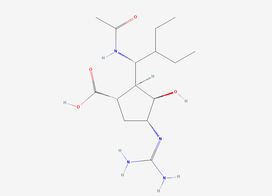 Two-dimensional chemical structure of (1S,2S,3R,4R)-2-((R)-1-acetamido-2-ethylbutyl)-4-guanidino-3-hydroxycyclopentanecarboxylic acid
