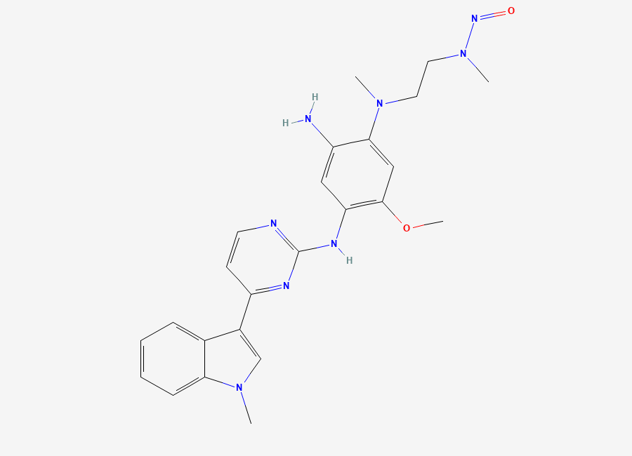 Two-dimensional chemical structure of N-(2-((2-amino-5-methoxy-4-((4-(1-methyl-1H-indol-3-yl)pyrimidin-2-yl)amino)phenyl)(methyl)amino)ethyl)-N-methylnitrous amide