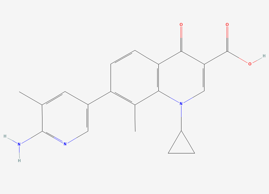Two-dimensional chemical structure of 7-(6-amino-5-methyl-3-pyridinyl)-1-cyclopropyl-8-methyl-4-oxoquinoline-3-carboxylic acid