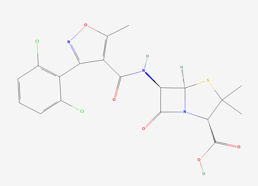 Two-dimensional chemical structure of Dicloxacillin, CAS 3116-76-5