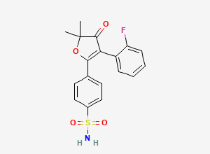 Two-dimensional chemical structure of 4-(3-(2-Fluorophenyl)-5,5-dimethyl-4-oxo-4,5-dihydrofuran-2-yl)benzenesulfonamide, CAS 301693-28-7