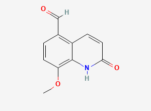 Two-dimensional chemical structure of 8-methoxy-2-oxo-1,2-dihydroquinoline-5-carbaldehyde, CAS 90098-93-4