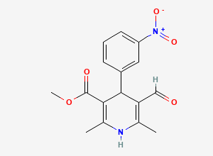 Two-dimensional chemical structure of Methyl 5-formyl-2,6-dimethyl-4-(3-nitrophenyl)-1,4-dihydropyridine-3-carboxylate, CAS 131521-31-8