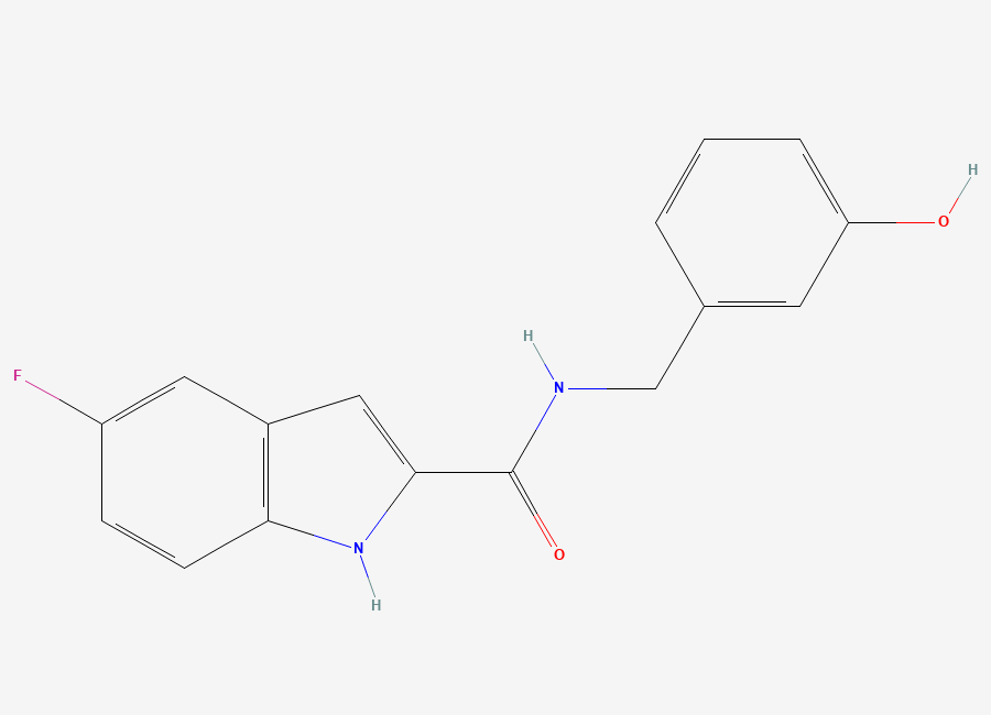 Two-dimensional chemical structure of 5-Fluoro-N-(3-hydroxybenzyl)-1H-indole-2-carboxamide