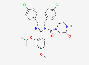 Two-dimensional chemical structure of 4-(4,5-bis(4-chlorophenyl)-2-(2-isopropoxy-4-methoxyphenyl)-4,5-dihydro-1H-imidazole-1-carbonyl)piperazin-2-one