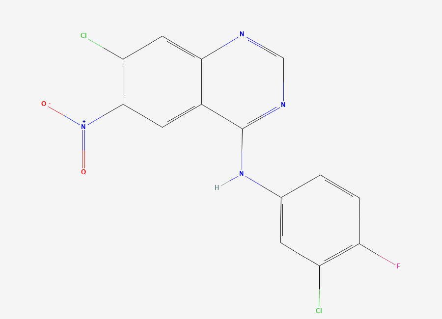 Two-dimensional chemical structure of 7-chloro-N-(3-chloro-4-fluorophenyl)-6-nitro-4-quinazolinamine