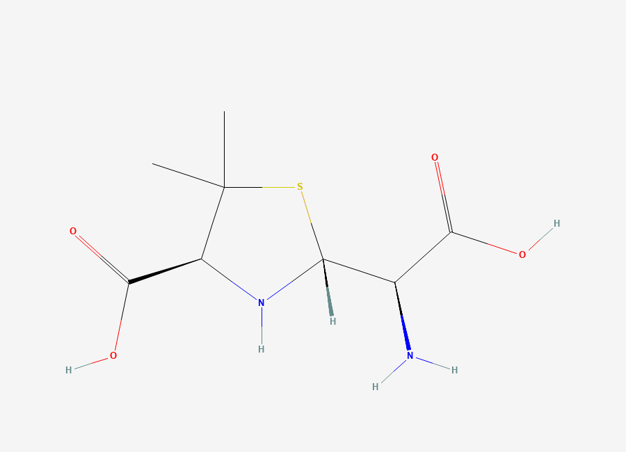 Two-dimensional chemical structure of (2R,4S)-2-((R)-amino(carboxy)methyl)-5,5-dimethylthiazolidine-4-carboxylic acid, CAS 37727-80-3