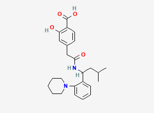 Two-dimensional chemical structure of 2-hydroxy-4-[2-[[3-methyl-1-(2-piperidin-1-ylphenyl)butyl]amino]-2-oxoethyl]benzoic acid