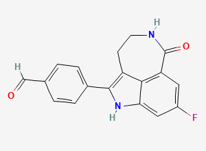 Two-dimensional chemical structure of 4-(8-Fluoro-3,4,5,6-tetrahydro-6-oxo-1H-pyrrolo(4,3,2-ef)(2)benzazepin-2-yl)benzaldehyde, CAS 283173-84-2