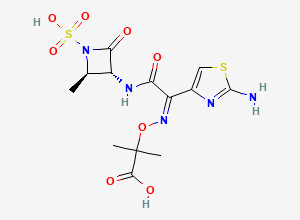 Two-dimensional chemical structure of 2-(((Z)-(1-(2-Aminothiazol-4-yl)-2-(((2R,3R)-2-methyl-4-oxo-1-sulfoazetidin-3-yl)amino)-2-oxoethylidene)amino)oxy)-2-methylpropanoic Acid