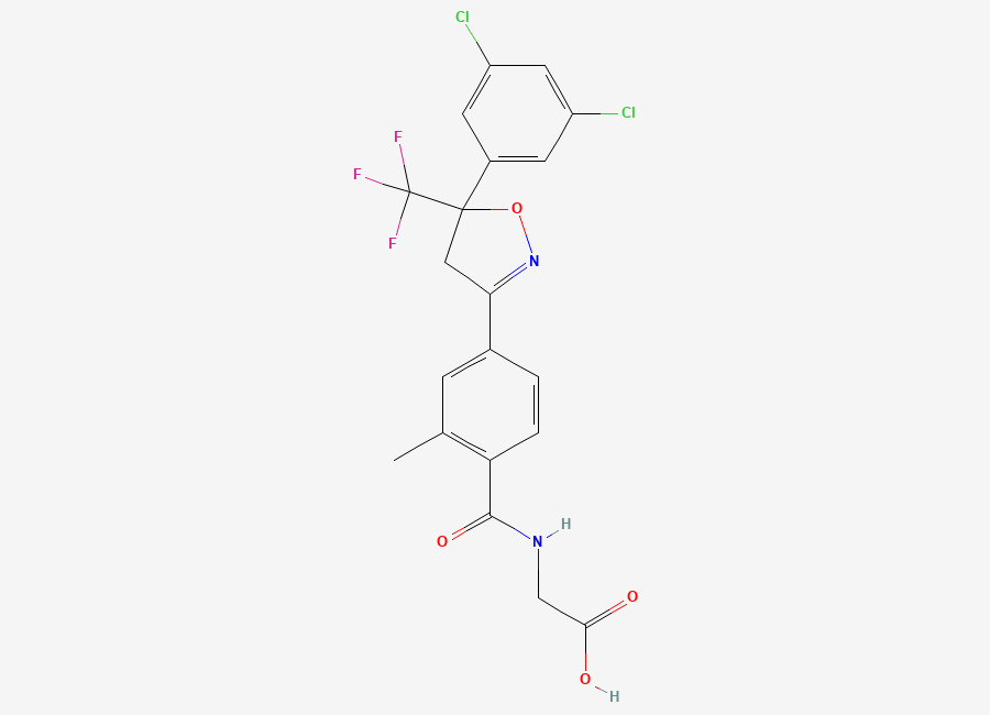 Two-dimensional chemical structure of (4-(5-(3,5-Dichlorophenyl)-5-(trifluoromethyl)-4,5-dihydroisoxazol-3-yl)-2-methylbenzoyl)glycine