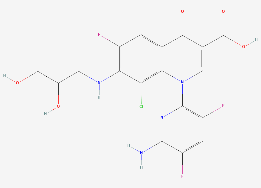 Two-dimensional chemical structure of 1-(6-Amino-3,5-difluoropyridin-2-yl)-8-chloro-6-fluoro-7-(2,3-dihydroxy-n-propylamino)-4-oxo-1,4-dihydroquinoline-3-carboxylic Acid