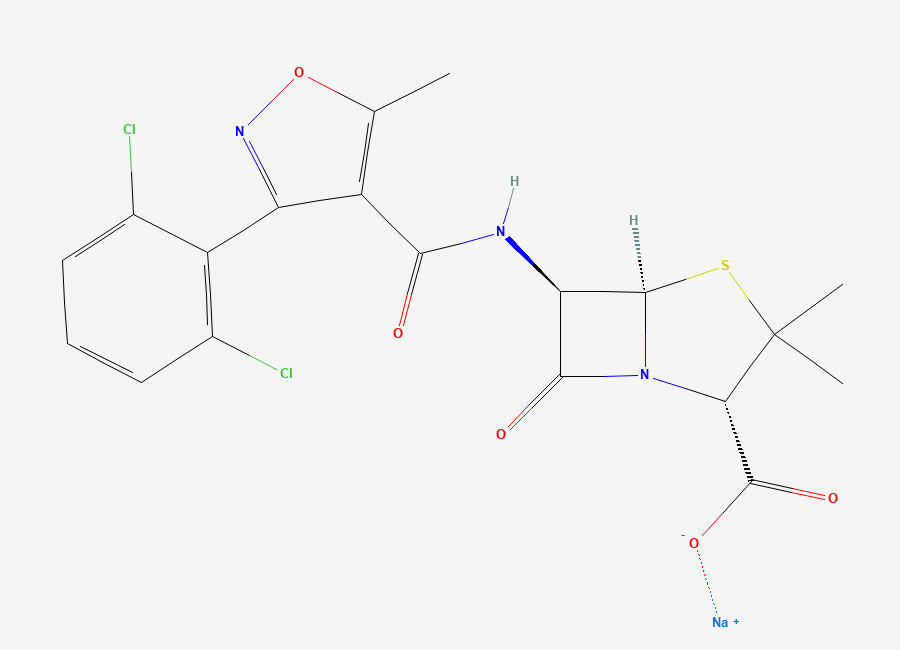 Two-dimensional chemical structure of Dicloxacillin Sodium, CAS 343-55-5