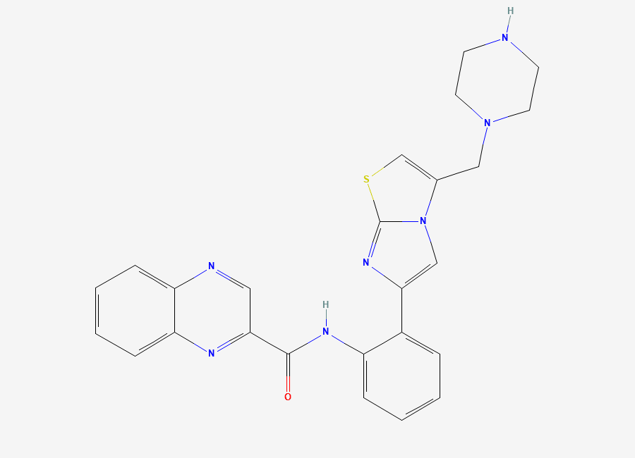 Two-dimensional chemical structure of N-(2-(3-(piperazin-1-ylmethyl)imidazo(2,1-b)thiazol-6-yl)phenyl)quinoxaline-2-carboxamide
