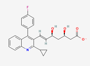 Two-dimensional chemical structure of (3R,5S,E)-7-(2-cyclopropyl-4-(4-fluorophenyl)quinolin-3-yl)-3,5-dihydroxyhept-6-enoate