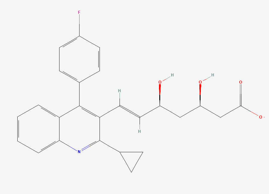 Two-dimensional chemical structure of (3R,5S,E)-7-(2-cyclopropyl-4-(4-fluorophenyl)quinolin-3-yl)-3,5-dihydroxyhept-6-enoate