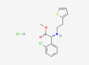 Two-dimensional chemical structure of (R)-methyl 2-(2-chlorophenyl)-2-((2-(thiophen-2-yl)ethyl)amino)acetate hydrochloride, CAS 1258938-54-3