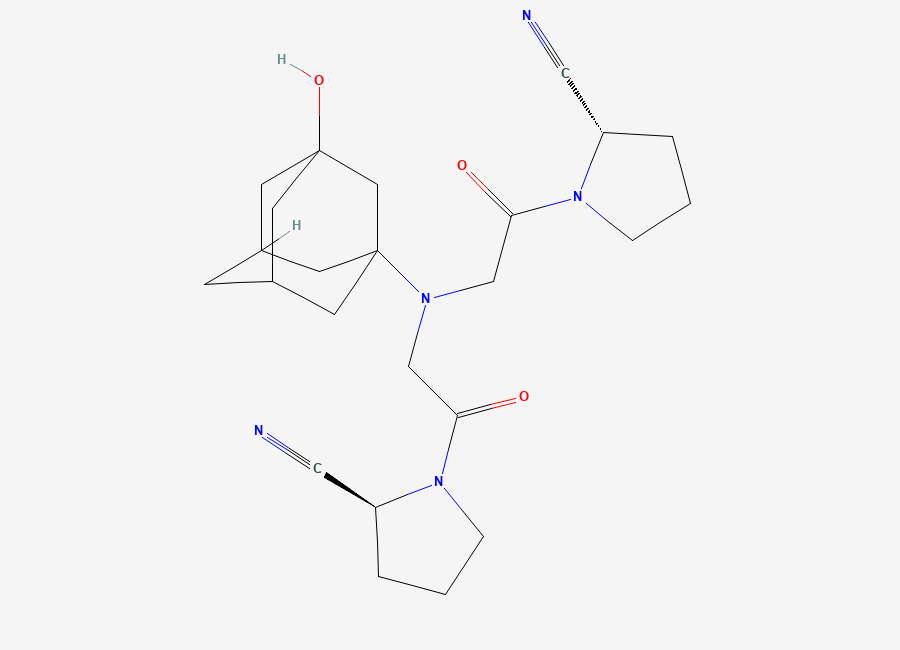 Two-dimensional chemical structure of (2S,2'S)-1,1'-(2,2'-((3-Hydroxyadamantan-1-yl)azanediyl)bis(acetyl))bis(pyrrolidine-2-carbonitrile)