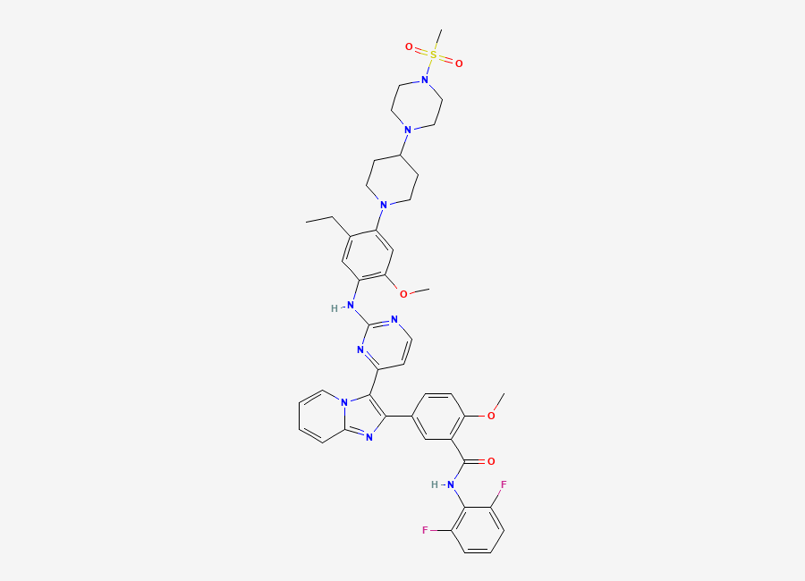 Two-dimensional chemical structure of N-(2,6-Difluorophenyl)-5-(3-(2-(5-ethyl-4-(4-(4-(methanesulfonyl)piperazin-1-yl)piperidin-1-yl)-2-methoxyanilino)pyrimidin-4-yl)imidazo(1,2-a)pyridin-2-yl)-2-methoxybenzamide