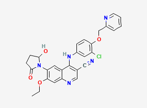 Two-dimensional chemical structure of 4-((3-Chloro-4-(pyridin-2-ylmethoxy)phenyl)amino)-7-ethoxy-6-(2-hydroxy-5-oxopyrrolidin-1-yl)quinoline-3-carbonitrile, CAS 1144516-15-3
