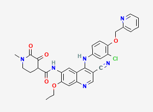 Two-dimensional chemical structure of N-(4-((3-Chloro-4-(pyridin-2-ylmethoxy)phenyl)amino)-3-cyano-7-ethoxyquinolin-6-yl)-1-methyl-2,3-dioxopiperidine-4-carboxamide