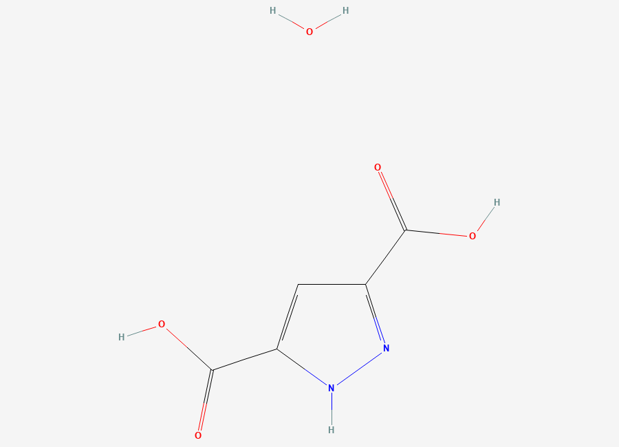 Two-dimensional chemical structure of 1H-Pyrazole-3,5-dicarboxylic acid monohydrate