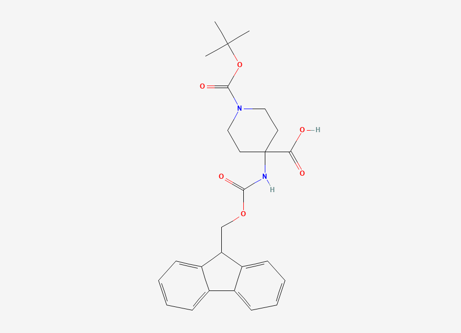 Two-dimensional chemical structure of 1-((tert-butoxy)carbonyl)-4-((((9H-fluoren-9-yl)methoxy)carbonyl)amino)piperidine-4-carboxylic acid