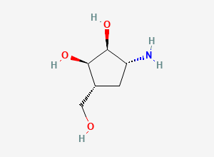 Two-dimensional chemical structure of (1R,2S,3R,5R)-3-amino-5-(hydroxymethyl)cyclopentane-1,2-diol