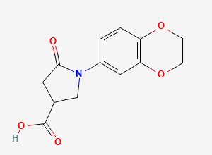 Two-dimensional chemical structure of 1-(2,3-Dihydro-1,4-benzodioxin-6-yl)-5-oxopyrrolidine-3-carboxylic acid