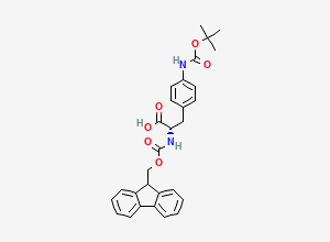 Two-dimensional chemical structure of 4-((tert-Butoxycarbonyl)amino)-N-(((9H-fluoren-9-yl)methoxy)(hydroxy)methylidene)phenylalanine