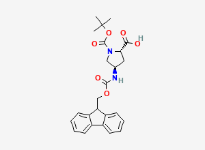 Two-dimensional chemical structure of (2S,4R)-1-[(tert-butoxy)carbonyl]-4-({[(9H-fluoren-9-yl)methoxy]carbonyl}amino)pyrrolidine-2-carboxylic acid