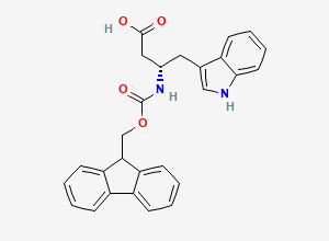 Two-dimensional chemical structure of (S)-3-((((9H-Fluoren-9-yl)methoxy)carbonyl)amino)-4-(1H-indol-3-yl)butanoic acid