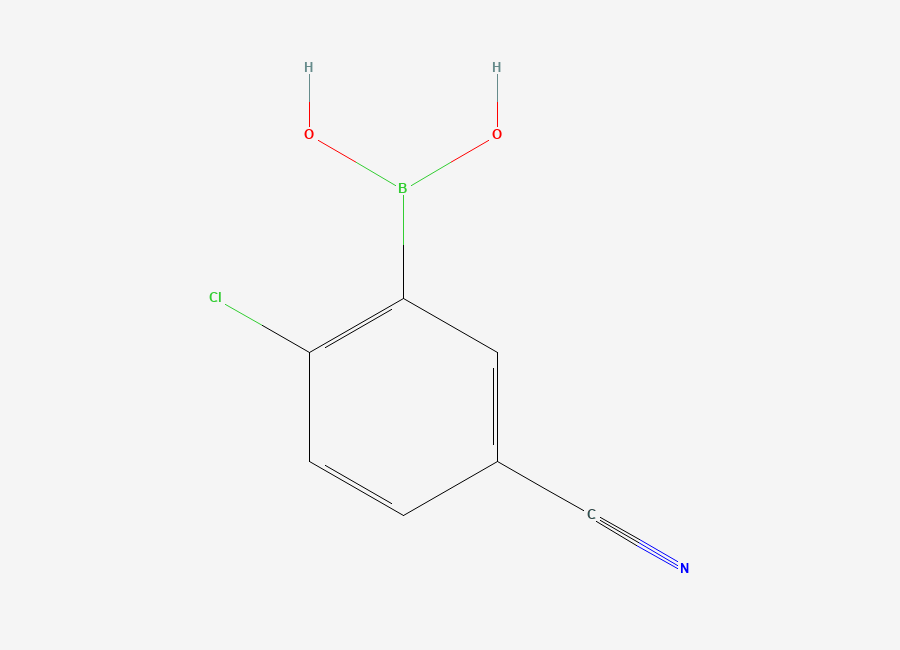 Two-dimensional chemical structure of 2-Chloro-5-cyanophenylboronic acid