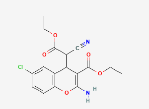 Two-dimensional chemical structure of 2-amino-6-chloro-alpha-cyano-3-(ethoxycarbonyl)-4H-1-benzopyran-4-acetic acid ethyl ester