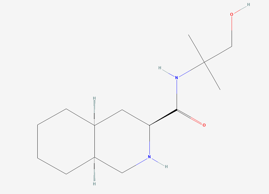Two-dimensional chemical structure of (3S,4aS,8aS)-Decahydro-N-(2-hydroxy-1,1-dimethylethyl)-3-isoquinolinecarboxamide, CAS 213135-54-7