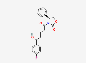Two-dimensional chemical structure of (S)-3-((R)-5-(4-Fluorophenyl)-5-hydroxypentanoyl)-4-phenyloxazolidin-2-one, CAS 528565-93-7