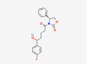 Two-dimensional chemical structure of (R)-3-((R)-5-(4-fluorophenyl)-5-hydroxypentanoyl)-4-phenyloxazolidin-2-one, CAS 1612153-32-8
