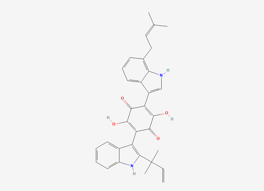 Two-dimensional chemical structure of 2-(2-(1,1-Dimethyl-2-propen-1-yl)-1H-indol-3-yl)-3,6-dihydroxy-5-(7-(3-methyl-2-buten-1-yl)-1H-indol-3-yl)-2,5-cyclohexadiene-1,4-dione