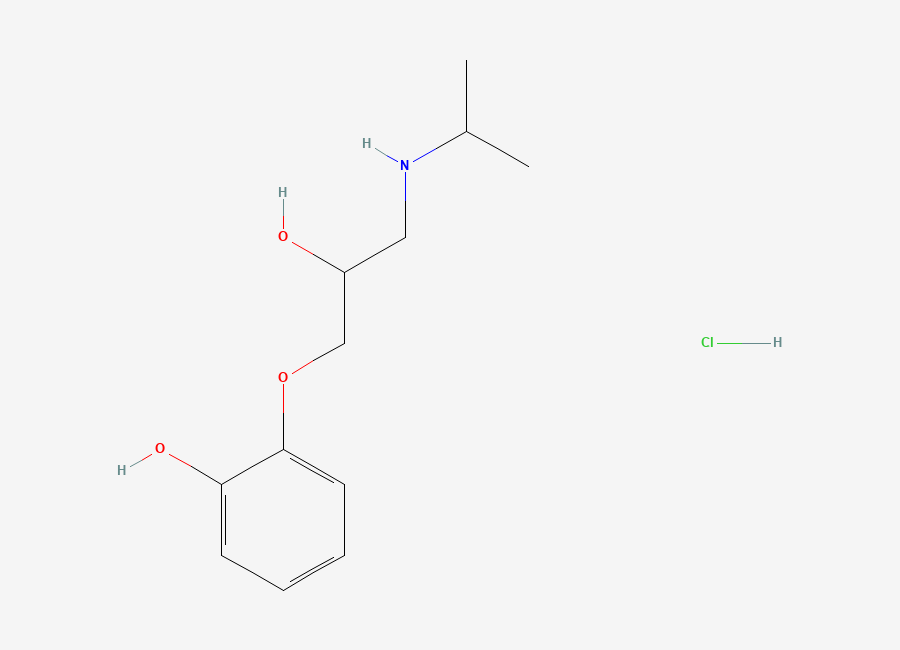 Two-dimensional chemical structure of 1-(2-Hydroxyphenoxy)-3-(isopropylamino)-2-propanol Hydrochloride, CAS 2829-92-7